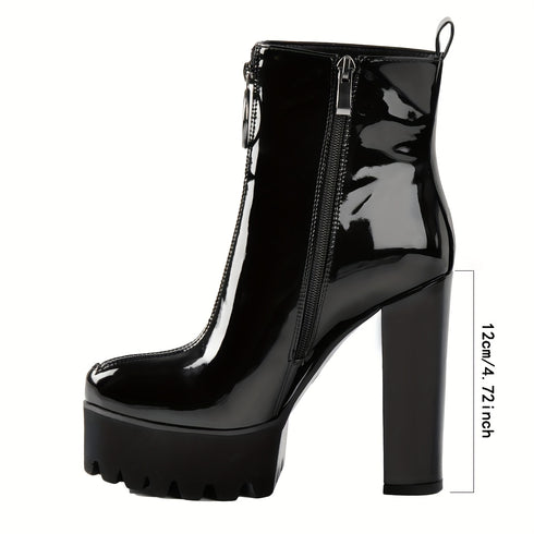 Hoch taillierte Plateaustiefel für Damen aus Kunstleder | Stiefeletten mit Blockabsatz