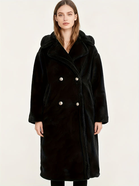 LANGER DAMEN JACKE PLÜSCH-WINTERMANTEL | MIT KAPUZE UND KNÖPFEN