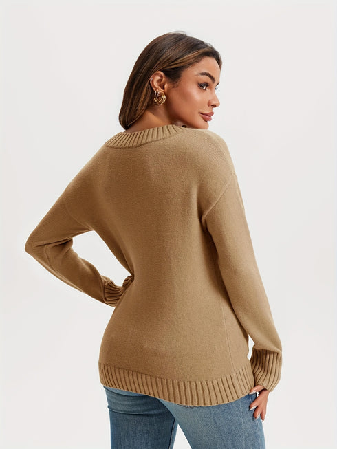 Damen PulloverLangarm V-Ausschnitt Lockere Einfarbige Pullover