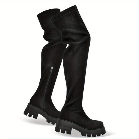 Damen Stretch Plateau Overknee Stiefel – Modische High Heel Langschaft-Boots