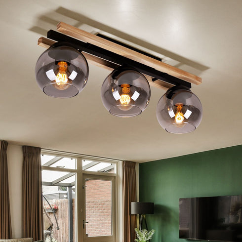 Vilda LED Deckenstrahler Holz Rauchglas 3-flammig