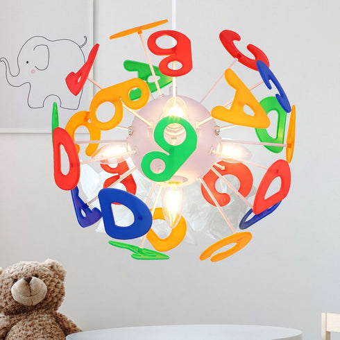 Pendelleuchte Kinderzimmer Buchstaben-Design | bunte Kugel, 14 Fassungen