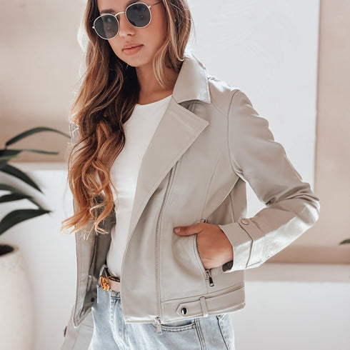 Damen Leder Bikerjacke mit Gürtel mit Reißverschluss und Taschen