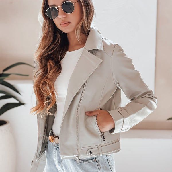 Damen Leder Bikerjacke mit Gürtel mit Reißverschluss und Taschen