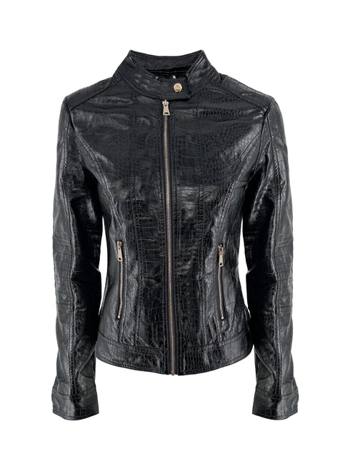 KURZE DAMEN-LEDERJACKE KOREANISCHEM STEHKRAGEN