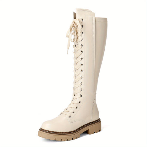 Valerina Damen Combat Kniestiefel mit dicker Plateausohle & Schnürung – PU-Obermaterial, Latex-Einlage & seitlichem Reißverschluss | Shiraki