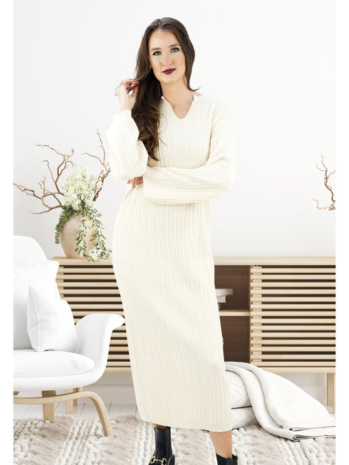 Rippstrick Maxi WinterKleid Damen | V-Ausschnitt & Langarm