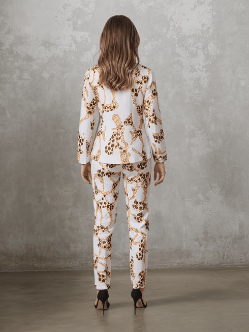 Leopard-Chain Print Damen Anzugset | Doppelreihiger Blazer & Hose
