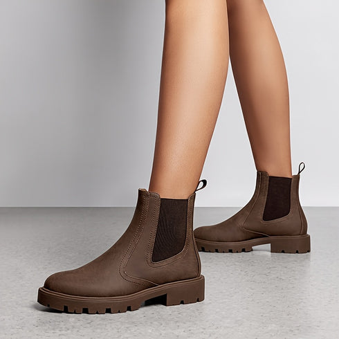 DAMEN SCHLUPFSTIEFEL MIT RUNDER SPITZE UND NIEDRIGEM ABSATZ – BEQUEME STIEFELETTEN