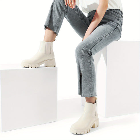 Damen-Slip-On-Stiefel mit klobigem Plateauabsatz | Runde Zehenpartie