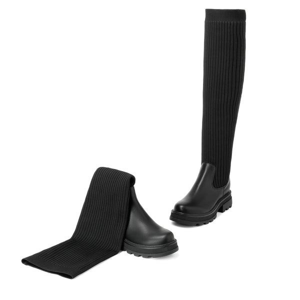 Damen Overknee-Stiefel mit Plateau und Stretch – Lange Herbststiefel mit Profilsohle