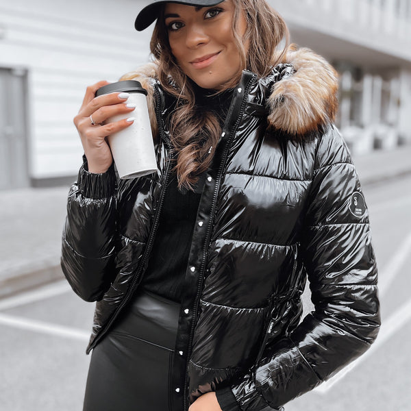 Damen Glanz-Steppjacke mit abnehmbarer Kapuze & Kunstpelz