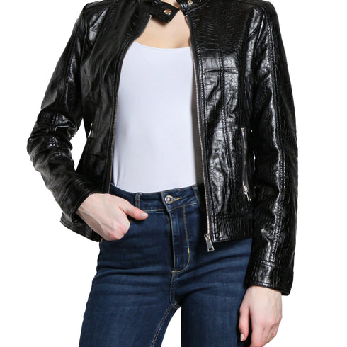 KURZE DAMEN-LEDERJACKE KOREANISCHEM STEHKRAGEN