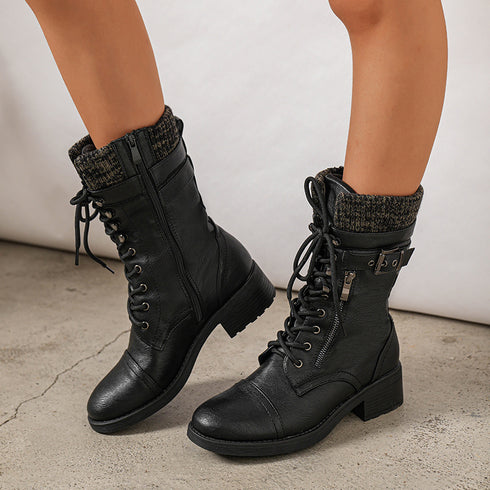 Damen-Militärische Schnürstiefel | Mittelhohe Winterreitstiefel