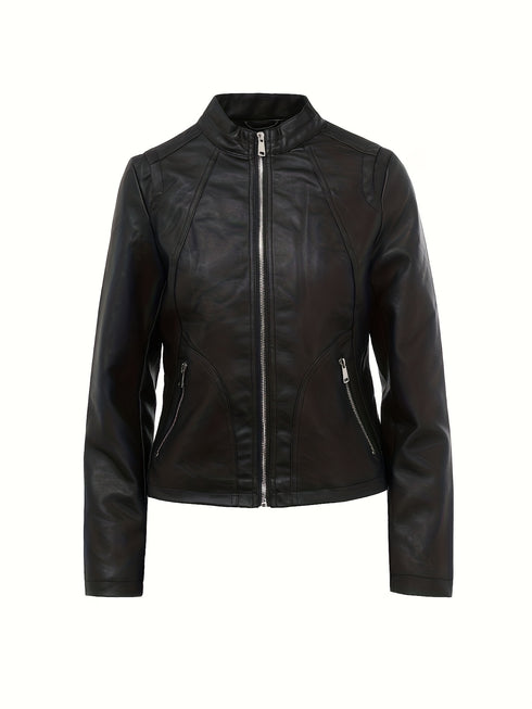 Schwarze Damen Lederjacke mit Stehkragen & goldenem Reißverschluss