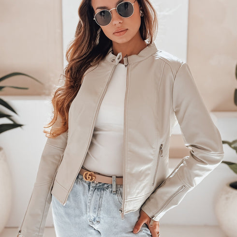 Damen jacke aus Kunstleder – Gefütterte Biker Motorradjacke im urbanen Stil mit Reißverschluss