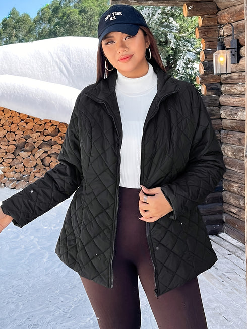 Damen Jacke Plus Size Gesteppte - Warme Schwarze Jacke mit Reißverschluss