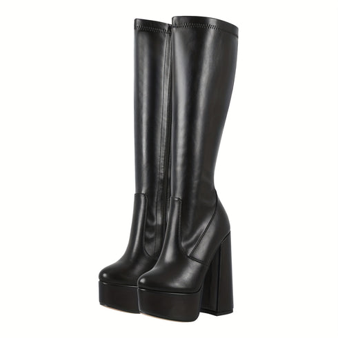 Serafina Damen Stretch-Stiefel mit Blockabsatz und Reißverschluss