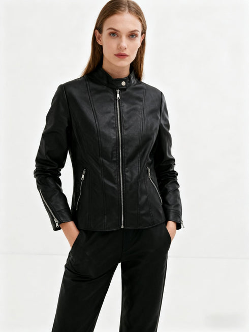 Damen Slim-Fit Bikerjacke Schwarz | Kurze Motorradjacke mit Reißverschluss & Kragen