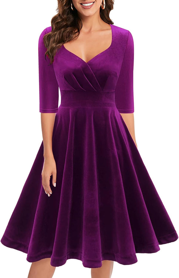 Yumi 1950er Vintage Retro Cocktailkleid Rockabilly V-Ausschnitt Faltenrock Abendkleid Partykleid