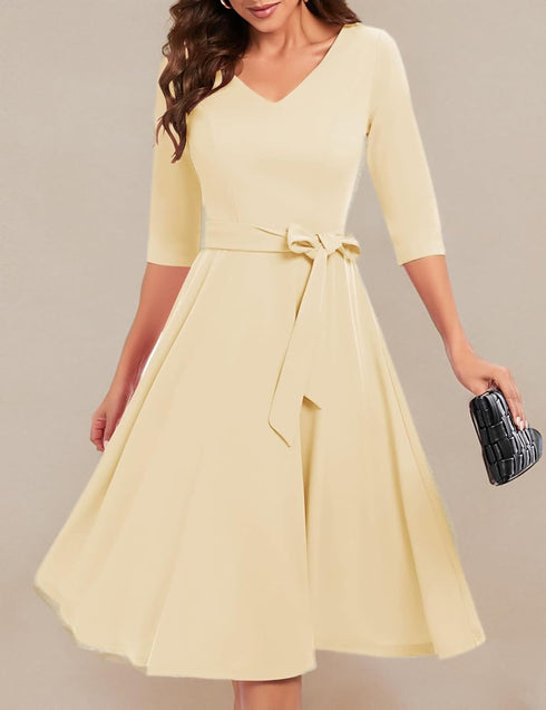Mikasi Vintage Rockabilly Midi Kleid mit 3/4 Ärmeln und V-Ausschnitt für Hochzeiten und Cocktailpartys