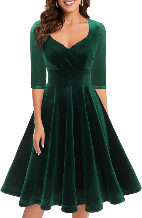 Yumi 1950er Vintage Retro Cocktailkleid Rockabilly V-Ausschnitt Faltenrock Abendkleid Partykleid