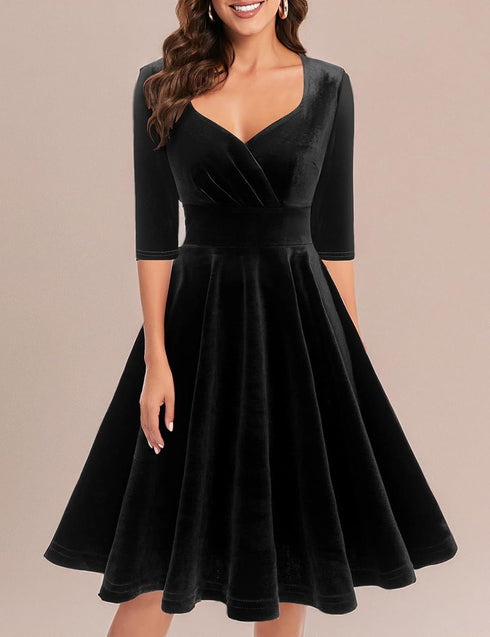 Yumi 1950er Vintage Retro Cocktailkleid Rockabilly V-Ausschnitt Faltenrock Abendkleid Partykleid