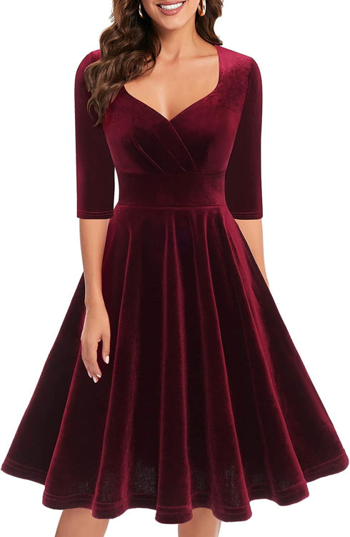 Yumi 1950er Vintage Retro Cocktailkleid Rockabilly V-Ausschnitt Faltenrock Abendkleid Partykleid
