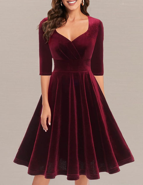 Yumi 1950er Vintage Retro Cocktailkleid Rockabilly V-Ausschnitt Faltenrock Abendkleid Partykleid