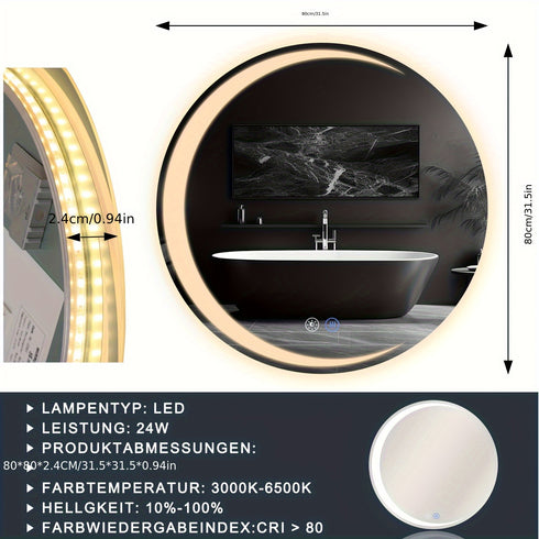 Selara | LED Badezimmerspiegel Rund 70 cm Dimmbar