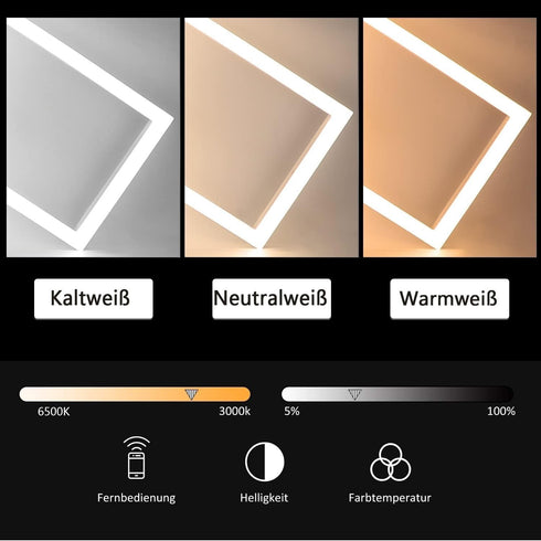 GlowDeck LED Deckenlampe Dimmbar 48W – Moderne quadratische Deckenleuchte mit Fernbedienung für Wohnzimmer, Schlafzimmer, Küche und Esszimmer – Metall Schwarz/Weiß