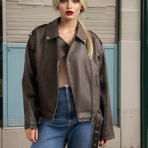 DAMEN KURZARM BIKERJACKE – PU-LEDER MIT GÜRTEL