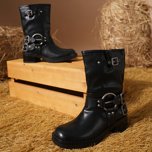 Damen Motorrad-Stiefeletten mit Quadratischer Zehenform und Schnallen