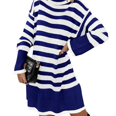 Gestreiftes Rollkragen-Kleid für Damen | Warme Strickmode für Winter