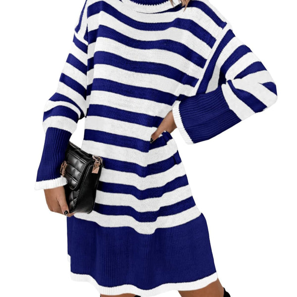 Gestreiftes Rollkragen-Kleid für Damen | Warme Strickmode für Winter