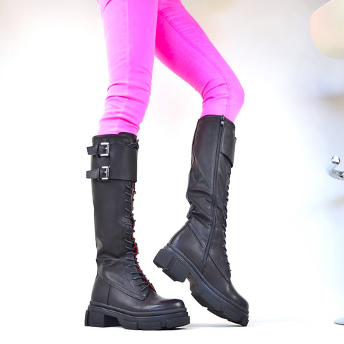 DAMENSCHUHE KNIEHOHE STIEFEL SCHWARZ | EXTRAVAGANZ KUNSTLEDER