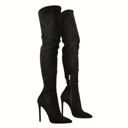 Damen Überknee Stiletto Stiefel mit Spitzem Zeh und Reißverschluss