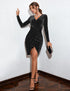 Maiki Samtkleid Langarm Elegant Cocktailkleid V-Ausschnitt Hohe Taille Bodycon Partykleid glÀnzend Club Dress