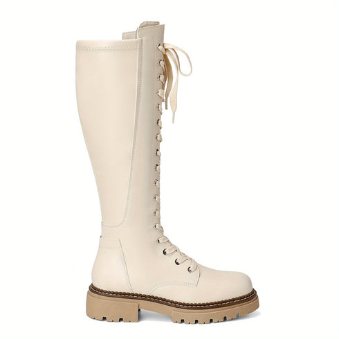 Valerina Damen Combat Kniestiefel mit dicker Plateausohle & Schnürung – PU-Obermaterial, Latex-Einlage & seitlichem Reißverschluss | Shiraki