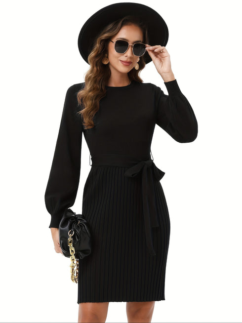 Strickkleid mit Taillenband und langen Ärmeln | deutsch inspirierter Chic