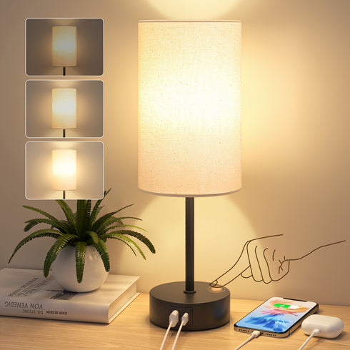 Miyato | LED Nachttischlampe Touch-dimmbar mit USB & Leinen-Schirm