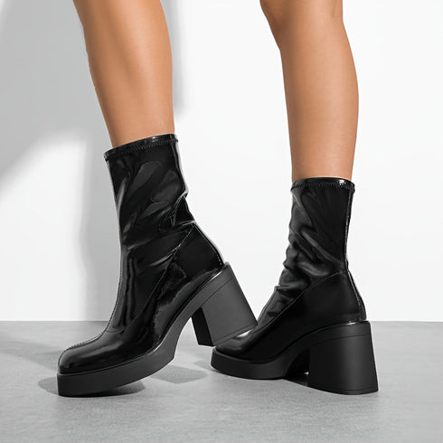 STILVOLLE DAMEN PLATEAU-STIEFELETTEN IN SCHWARZ - BEQUEMER BLOCKABSATZ MIT PROFILSOHLE