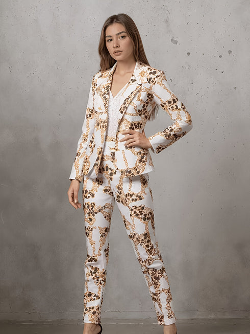 Leopard-Chain Print Damen Anzugset | Doppelreihiger Blazer & Hose