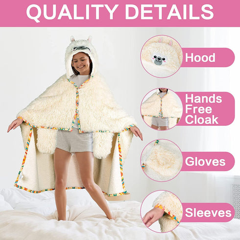 Flauschige Faultier-Kapuzendecke | mit Fleece und Handschuhen