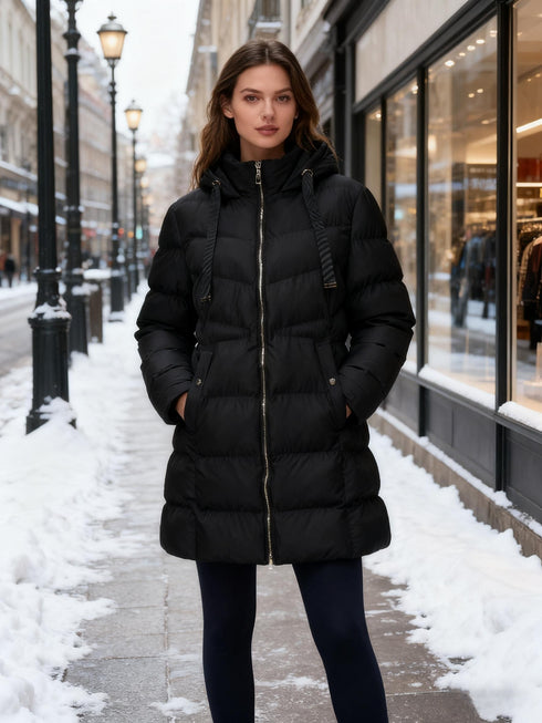 Langer Damen Wintermantel mit Kapuze