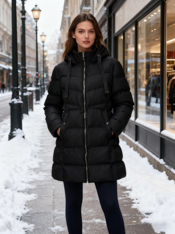 Langer Damen Wintermantel mit Kapuze