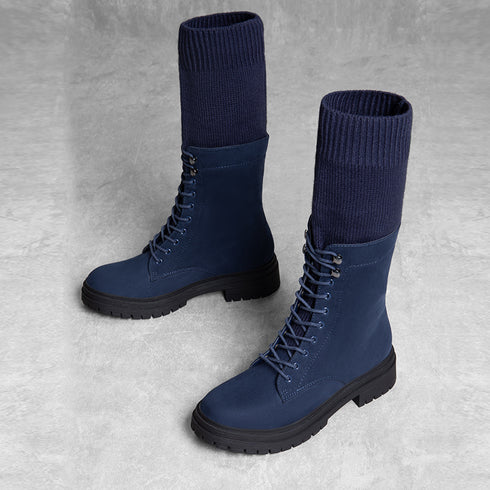Damen Vintage-inspirierte Mid-Calf Plateau-Stiefel mit Schnürdesign und Blockabsatz