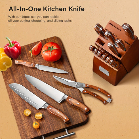 Shiraki Allzweck Küchenmesser Set 16-teilig | Holzgriff & Block
