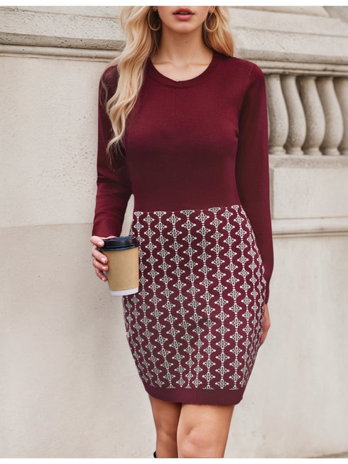 Bedrucktes Rippstrick Bodycon Mini WinterKleid Damen | Langarm & Crew Neck