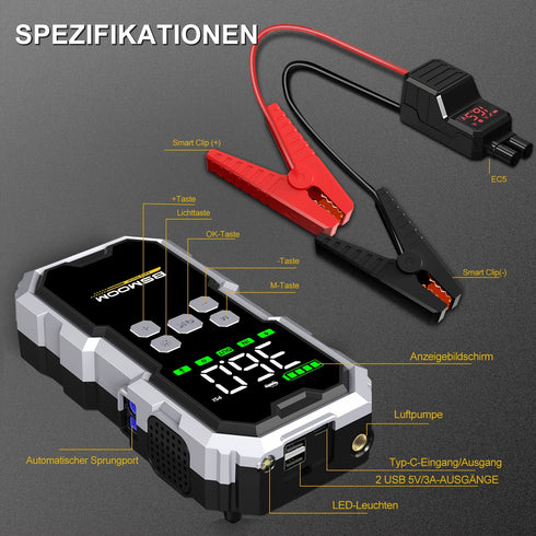 Shōgeni 4-in-1 Jumpstarter – 6000A Starthilfe mit Powerbank, Kompressor & LED-Notlicht